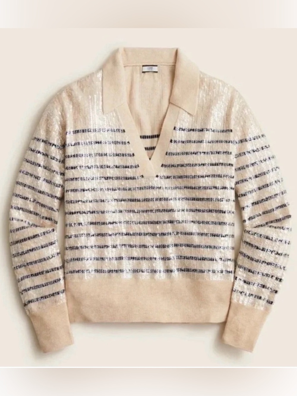 J. Crew Collection | Striped Collared V-Neck Sweater w Clear Sequins, XL